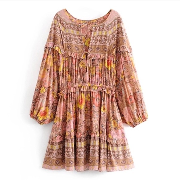SOLD OUT Gypsy Boho Festival Floral Mini Long Sleeve Dress - Picture 7 of 8